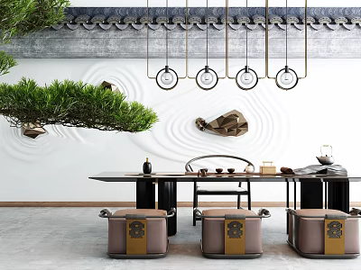 Traditional Chinese Tea Table and Chairs with Circular Pendant Lights Wavy Wall and Pine Decor 3d model