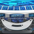 Modern Control Room Interior With Large Blue Display Screens Neat Consoles And Round Lighting Ceiling
