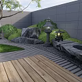 Courtyard Garden With Gray Walls Wavy Flooring Green Tree Large Rocks And Wooden Platform