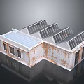 Single Family House with Solar Panels on Roof and Rusted Exterior Walls in Unfinished Construction