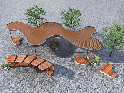 Modern Curved Pergola Design With Wooden Benches And Surrounding Trees On Pebble Pavement 3d model