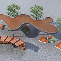 Modern Curved Pergola Design With Wooden Benches And Surrounding Trees On Pebble Pavement