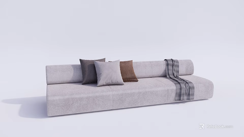 Modern Gray Sectional Sofa with Multiple Pillows and Plaid Throw Blanket 3d model