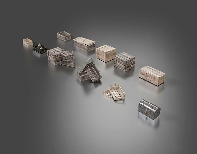 Various Style Wooden And Metal Boxes Arranged On Gray Background With Reflective Surface 3d model