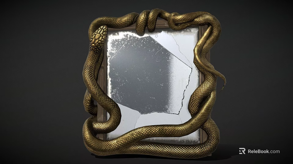 Golden Coiled Snake Frame Surrounding Cracked Mirror Reflective Surface 3d model 