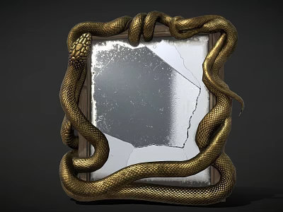 Golden Coiled Snake Frame Surrounding Cracked Mirror Reflective Surface 3d model