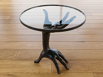Glass Top Side Table with Black Claw Shaped Base on Wooden Floor 3d model