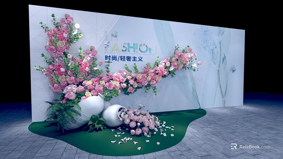 Fashion Luxury Style Event Decor With Floral Arrangements And White Backdrop Wall 3d model 