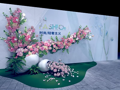 Fashion Luxury Style Event Decor With Floral Arrangements And White Backdrop Wall 3d model