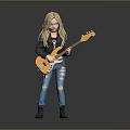 Man Playing Yellow Electric Bass In Black Leather Jacket And Ripped Jeans On Gray Background