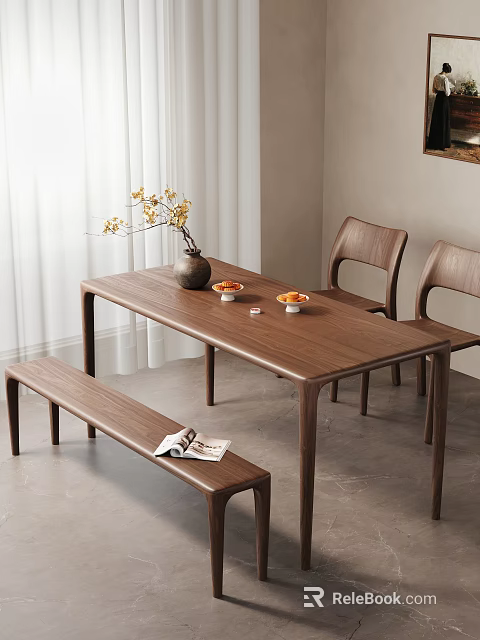 Minimalist Wooden Dining Table And Chairs Set With Bench Vase Fruit Bowls And Magazine 3d model 