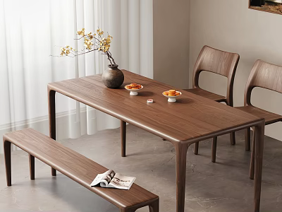 Minimalist Wooden Dining Table And Chairs Set With Bench Vase Fruit Bowls And Magazine 3d model