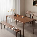 Minimalist Wooden Dining Table And Chairs Set With Bench Vase Fruit Bowls And Magazine