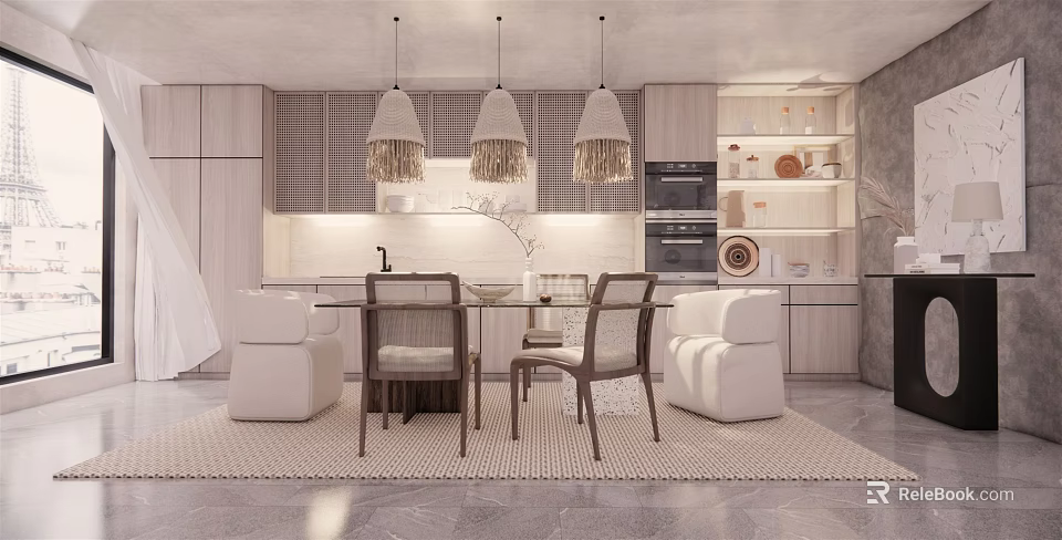 Modern Dining Room Interior Design With Wooden Table Chairs Pendant Lights And Cabinets 3d model 