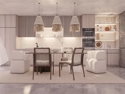 Modern Dining Room Interior Design With Wooden Table Chairs Pendant Lights And Cabinets 3d model