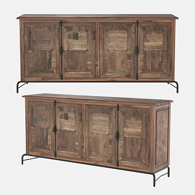 Rustic Wooden Decorative Cabinet with Multiple Doors and Black Metal Legs 3d model