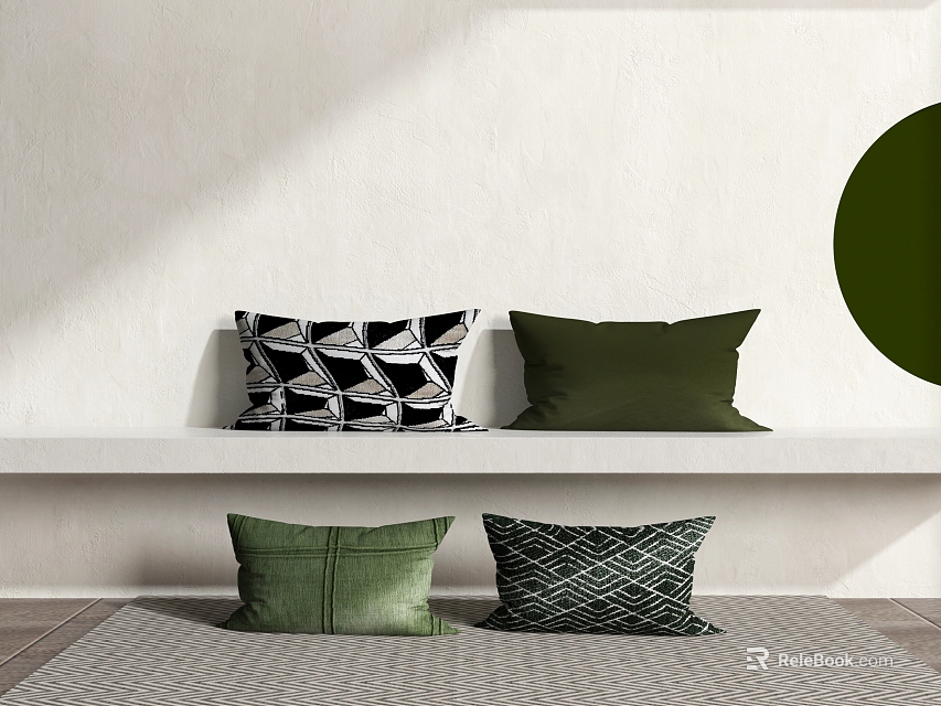 Green and Black White Decorative Pillows with Geometric Pattern on Shelf and Floor 3d model 