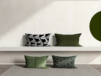 Green and Black White Decorative Pillows with Geometric Pattern on Shelf and Floor 3d model