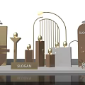 Commercial Display Equipment With Golden Curved Structure Various Height Pedestals Sphere And Floral Decorations