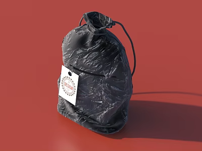 Black Plastic Drawstring Bag With White Label On Red Background 3d model