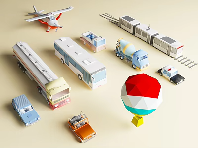 Colorful Airplane Toy Model with Various Vehicles and Hot Air Balloon on Beige Background 3d model