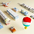 Colorful Airplane Toy Model with Various Vehicles and Hot Air Balloon on Beige Background