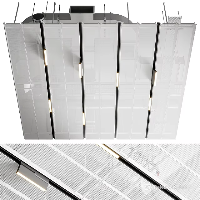 Modern Ceiling Design With Linear Structure Recessed LED Lights White Panels And Black Frames 3d model