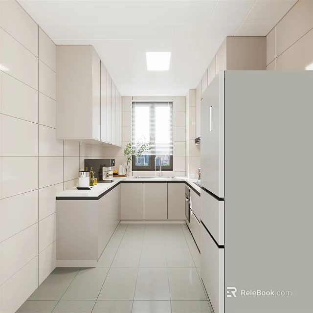 Modern Kitchen Interior With White Cabinets Countertop Refrigerator And Window Tile Walls 3d model 
