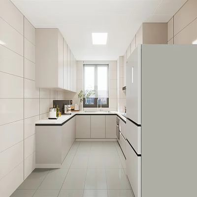Modern Kitchen Interior With White Cabinets Countertop Refrigerator And Window Tile Walls 3d model