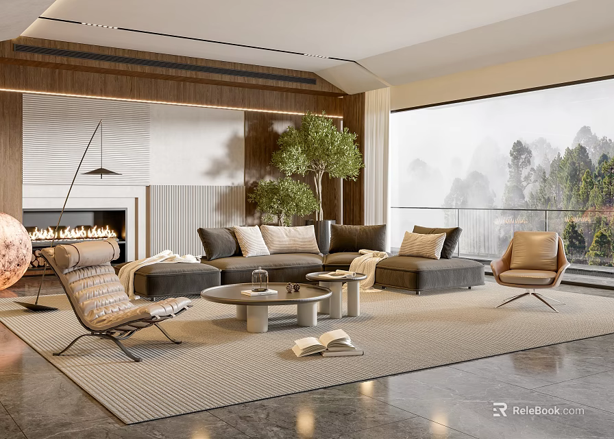 Modern Living Room Interior Design with L shaped Sofa Coffee Table Rug and Large Window View 3d model 