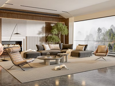 Modern Living Room Interior Design with L shaped Sofa Coffee Table Rug and Large Window View 3d model