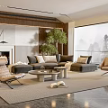 Modern Living Room Interior Design with L shaped Sofa Coffee Table Rug and Large Window View