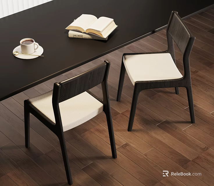 Dining Chairs With Black Frame White Cushion By Table Coffee And Book On Wooden Floor 3d model 