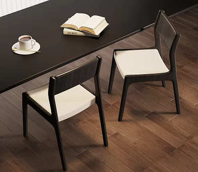 Dining Chairs With Black Frame White Cushion By Table Coffee And Book On Wooden Floor 3d model