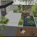 Modern Courtyard Garden With Wooden Deck Lush Greenery Outdoor Sofa Water Feature And Fire Pit