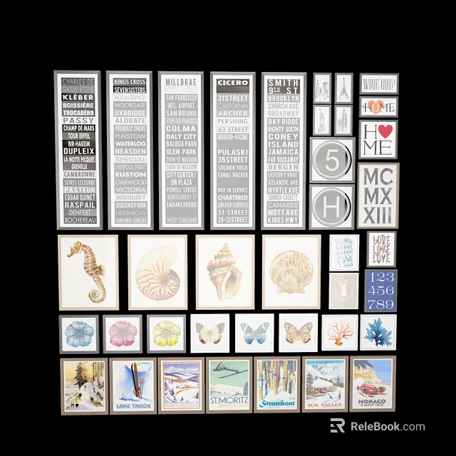 Landscape Paintings Collection Featuring Seashells Butterflies And Decorative Wall Art 3d model 