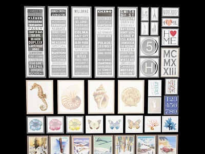 Landscape Paintings Collection Featuring Seashells Butterflies And Decorative Wall Art 3d model