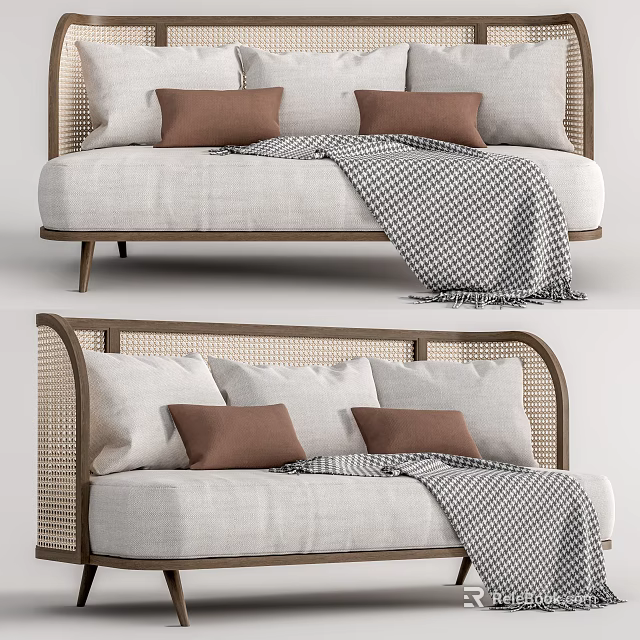 Modern Rattan Sectional Sofa With Light Beige Fabric Brown Pillows And Checkered Blanket 3d model 