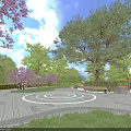 Scenic Park Landscape with Purple Flowering Trees Circular Paved Area White Patterns and Benches