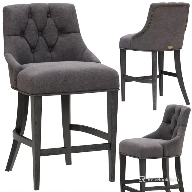 Gray Tufted Backrest Bar Stool With Dark Wooden Legs And Upholstered Seat 3d model 