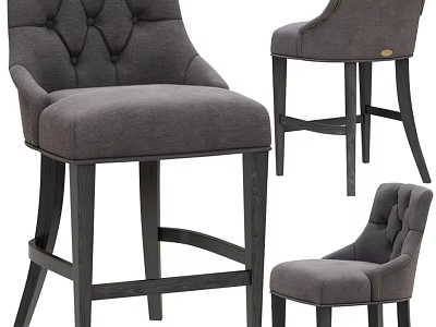 Gray Tufted Backrest Bar Stool With Dark Wooden Legs And Upholstered Seat 3d model