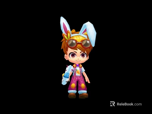 Cartoon Game Movie Character with Brown Hair Rabbit Ear Hat Goggles Purple Overalls Holding Item 3d model 