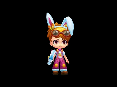 Cartoon Game Movie Character with Brown Hair Rabbit Ear Hat Goggles Purple Overalls Holding Item 3d model