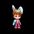 Cartoon Game Movie Character with Brown Hair Rabbit Ear Hat Goggles Purple Overalls Holding Item