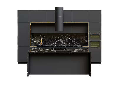 Modern Kitchen Design With Black Cabinets Marble Countertop Range Hood And Built in Oven 3d model