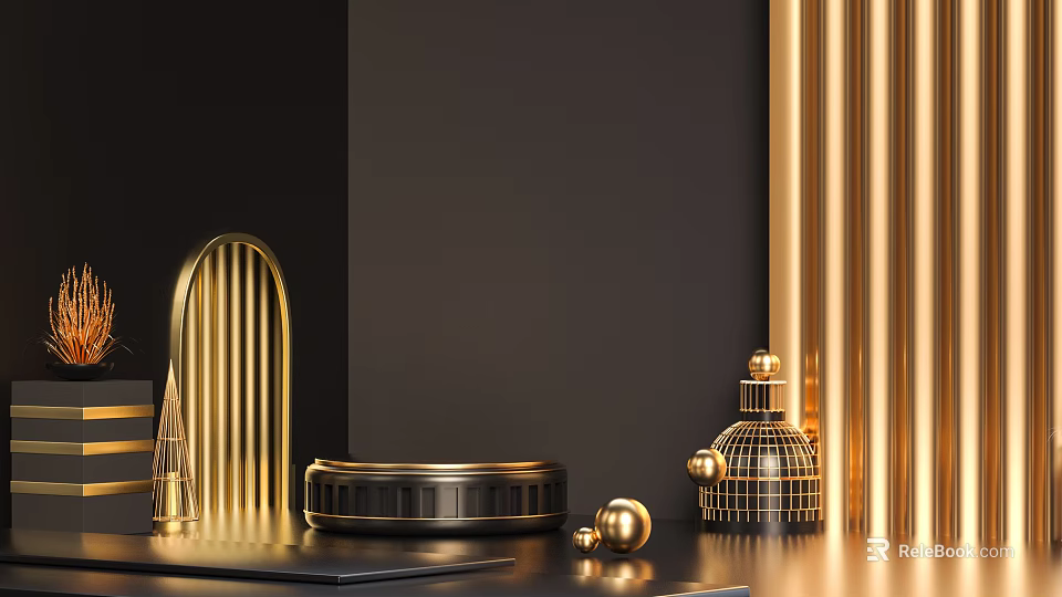 Modern Luxury Gold Decor Elements On Black Display Stand With Elegant Setup 3d model 