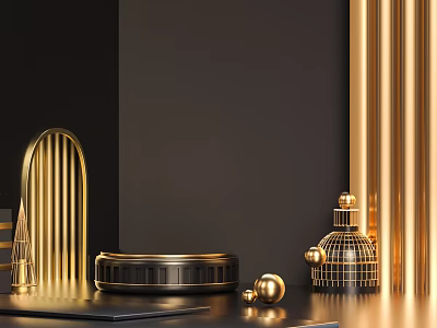 Modern Luxury Gold Decor Elements On Black Display Stand With Elegant Setup 3d model