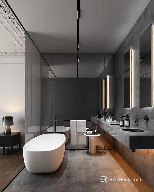 Modern Luxury Gray Bathroom Interior With White Bathtub Black Vanity And Illuminated Mirrors 3d model 