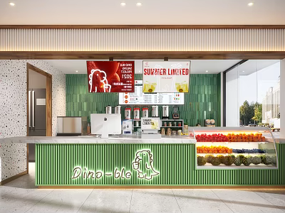 Bright Modern Green Themed Bubble Tea Shop With Fresh Fruit Display And Cute Dino Logo 3d model