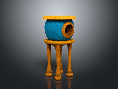 Blue Birdhouse With Circular Entrance Yellow Top On Yellow Four Legged Stand 3d model